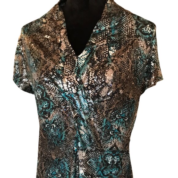 Dress Barn Shimmery Blouse: Soft Lightweight Top, Shiny Black Brown Teal, Size M - Picture 8 of 9